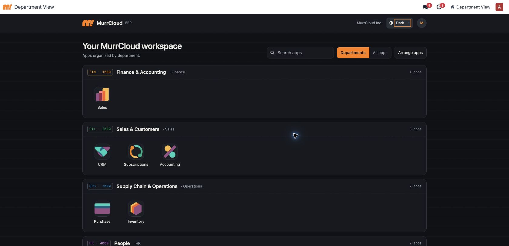 MurrCloud Department View showing business applications organized into department sections